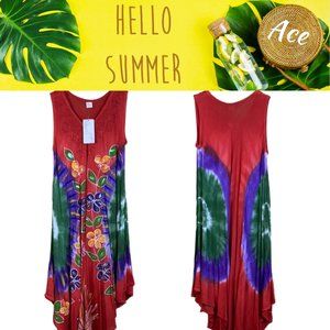 Ace Fashion Boho Tie Dye Midi Sun Dress--Red